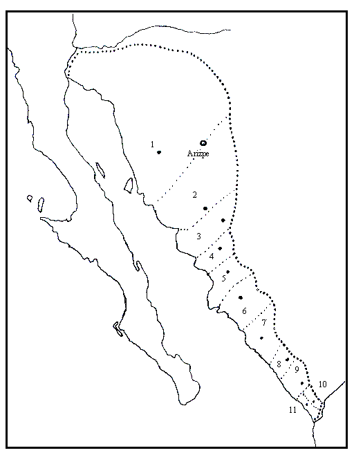 En ste mapa de 1787, estaba la intendencia de Arizpe, que fue el mismo de la antigua gobernacin de Sinaloa y Sonora. Haba 11 partidos, y cada uno tom el nombre de la poblacin, villa o real de minas.